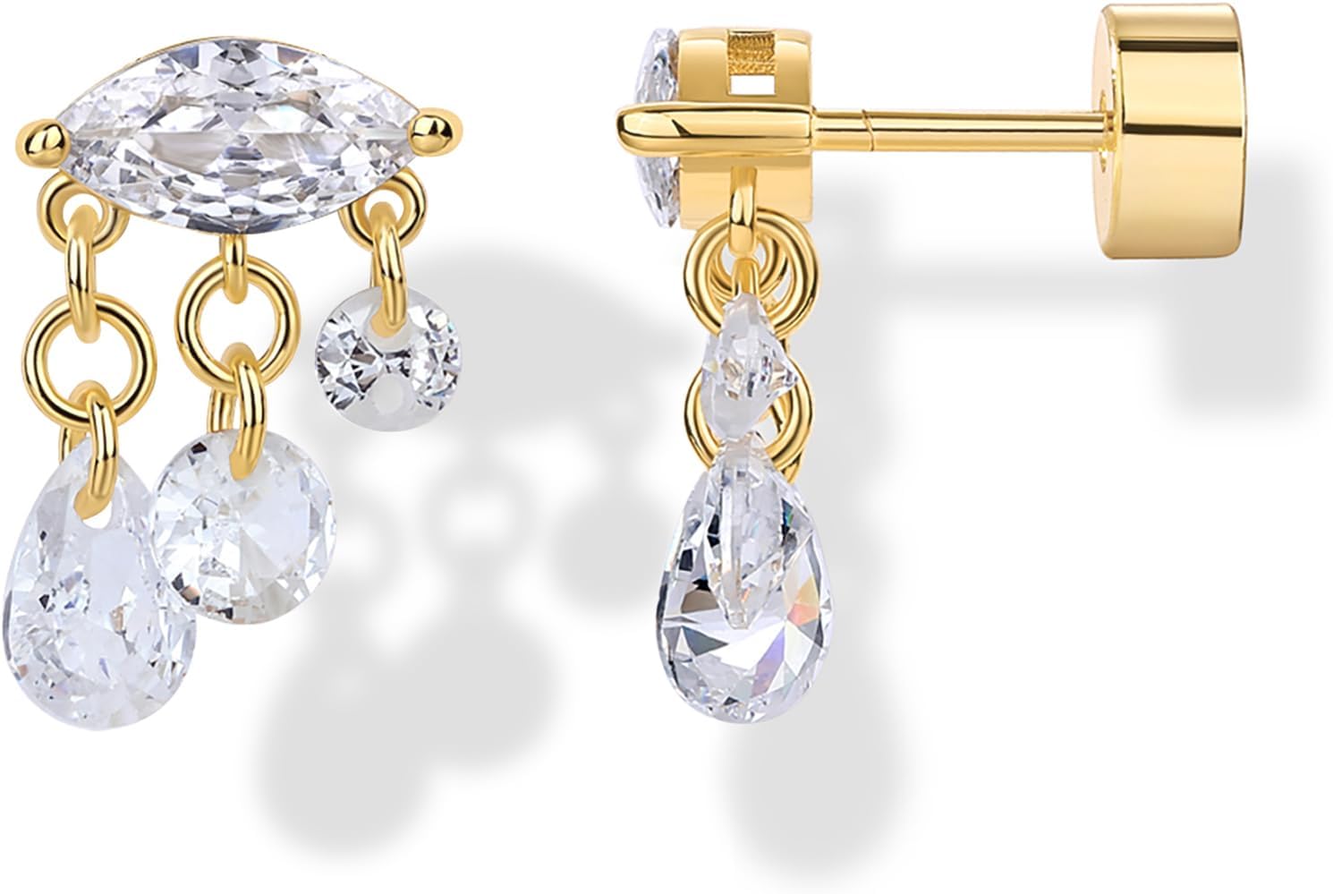 PAVOI 14K Gold Plated Sterling Silver Posts Mini Drop Dangle Flat Back Earrings for Women | Dainty Helix Cartilage Piercing Jewelry | Pearl Cubic Zirconia Pear Cluster Triangle Lotus Studs