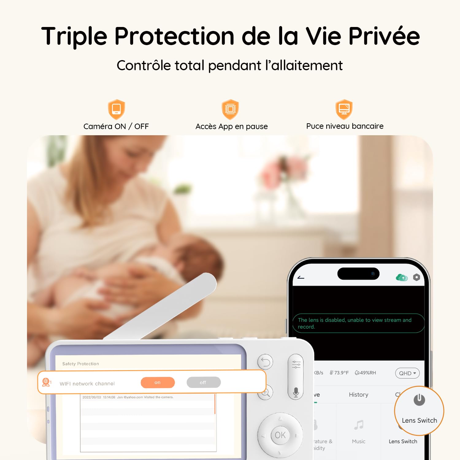 BOIFUN Smart Babyphone Camera 5" 2K, Connecté Via WiFi ou Mode Local, Vision Nocturne sans Lumière Visible, Détection & Alerte Pleurs/Mouvements/Température/Humidité, Suivi Auto 360°, Autonomie 17h