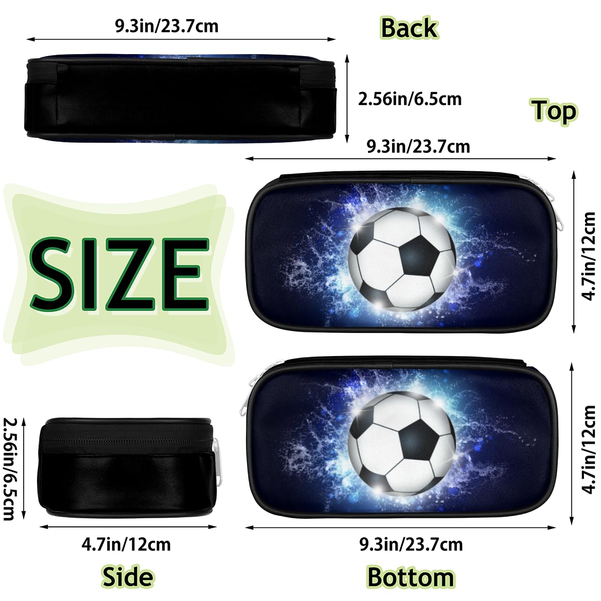 Estuche para lápices con diseño de pelota de fútbol, color azul, con temática deportiva, gran capacidad, organizador de papelería negro, bolsa de lápices con cremallera para niños y niñas, bolsa de
