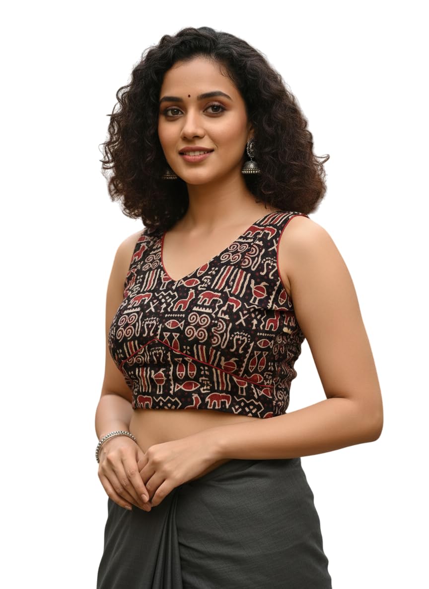 Women’s Kalamkari Printed Sleeveless Blouse – Black & Red Pattern | Pure Cotton Saree Blouse with V-Neck & Maroon Piping | Sizes 32–42 | Designer Readymade Ethnic Wear-picture-59
