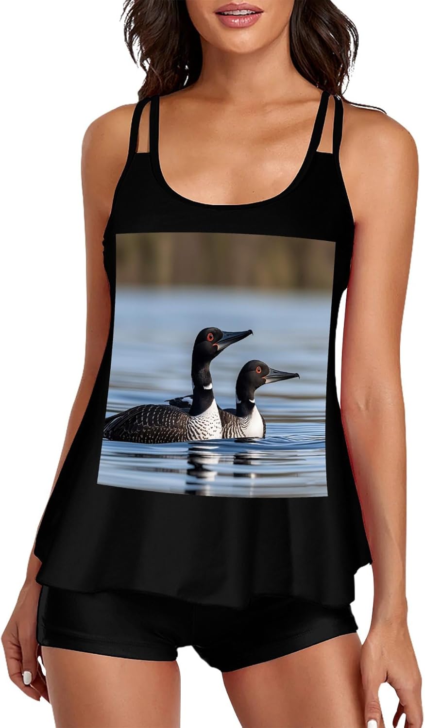 Loon Birds Tankini Swimsuits for Women Tummy Control Two Piece Bathing Suits Swim Tops with Boy Shorts
