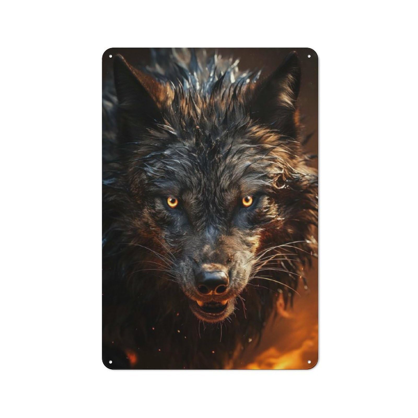 Tin Wall Plaque 30x20cm with Fierce Black Wolf in Fire for Hobby Room Or Studio, for Updating Hobby Room And Studio after Moving