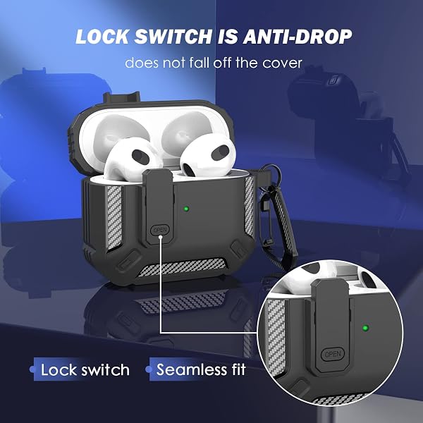 RFUNGUANGO AirPods 第 3 世代ケースカバー クリーナーキット付き ミリタリーハードシェル保護アーマー ロック付き AirPod Gen 3 充電ケース 2021 用 フロント LED 可視 ブラック - 2