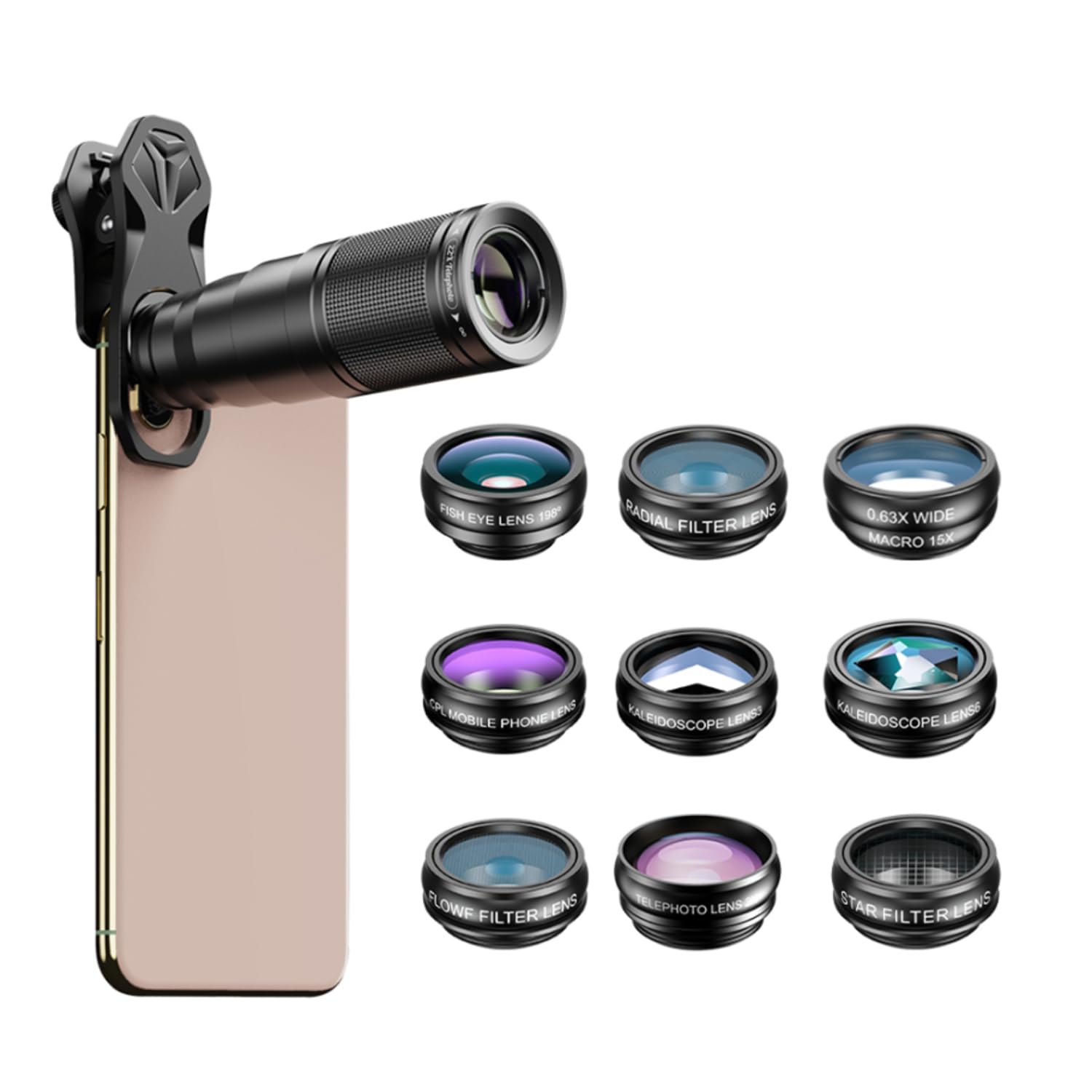 Apexal 9-in-1 Mobile Phone Camera Lens Kit with Universal Clip – Wide Angle, Macro, Fisheye, Telephoto & Kaleidoscope Lenses for iPhone, Android Smartphones-image-49