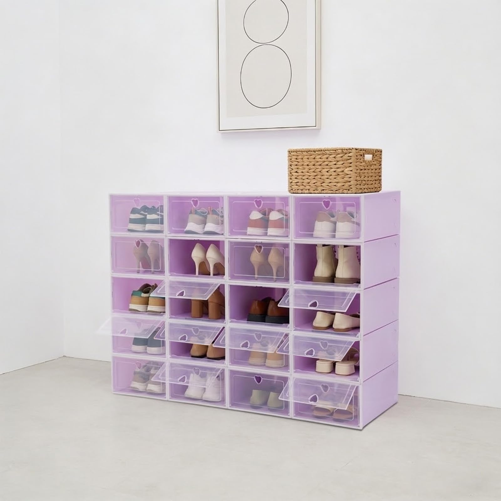 Confezione da 20 scatole per scarpe in plastica trasparente, antimacchia e traspirante, impilabili, adatte per stivaletti, scarpe sportive e décolleté (viola)