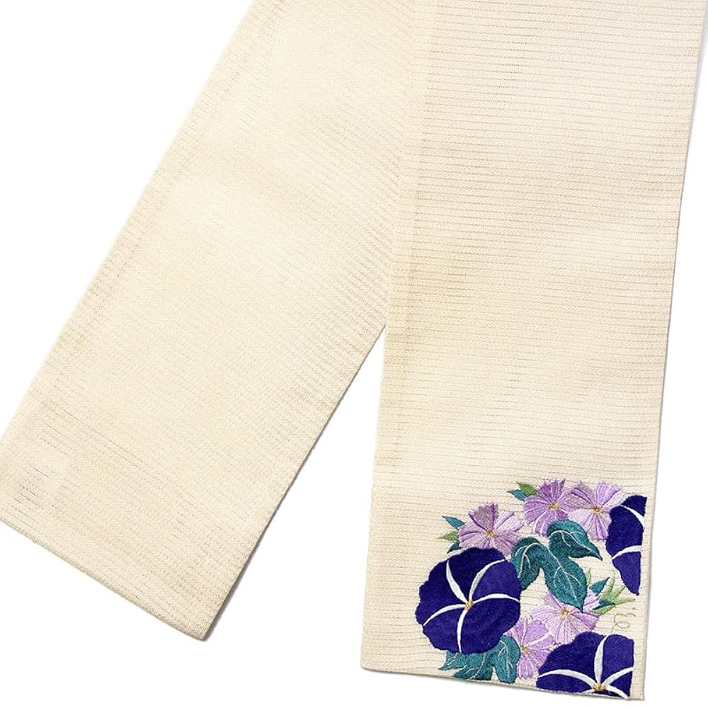撫松庵　半幅帯　朝顔刺繍 Amazon | [dear-japan] 撫松庵 半幅帯 絽 朝顔 ベージュ オフ白