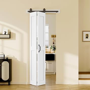Easelife 32x84in Bifold Barn Door with Hardware Kit, White Sliding Closet Doors 2 Panels with 36 Track, Waterproof MDF Folding Barn Door for Closet, Laundry Room,Easy Assembly Pre-Drilled