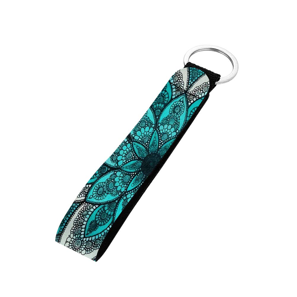 SEANATIVE Unique Keychains Wrist Lanyard,Durable Lightweight Black Mandala Floral Boho Cellphone Holders,Metal Rings,USB Holder Gift