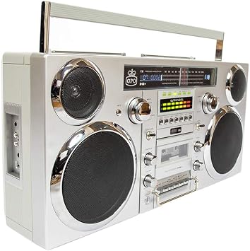 GPO Brooklyn 1980S-Style Portable Boombox - CD Player, Cassette Player, FM Radio, USB, Wireless Bluetooth Speaker - Silver