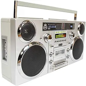 GPO Brooklyn 1980S-Style Portable Boombox - CD Player, Cassette Player, FM Radio, USB, Wireless Bluetooth Speaker - Silver