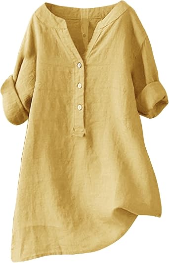 SHAOBGE Linen Blouses for Womens Gauze Short Sleeve V Neck Button Loose Fit Shirts Boho Vacation Seniors Casual Tunic Tops