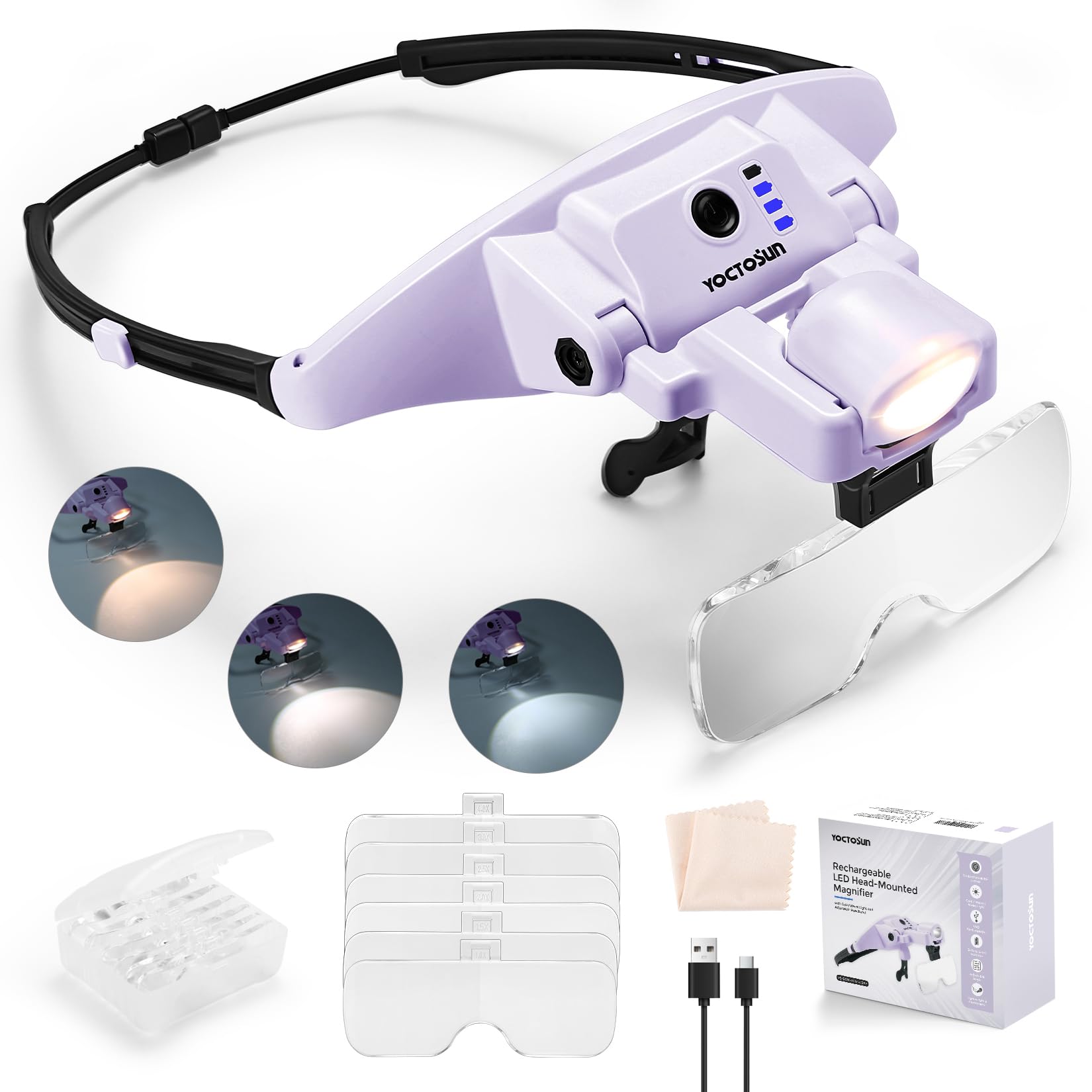 YOCTOSUN Magnifying Glass with Light, Rechargeable Headband Magnifier with 6 Lenses 1.0X–4.0X,3 Light Colors, Hands-Free Lighted Magnifying Visor for Close Work, Crafts, Sewing, Jewelry