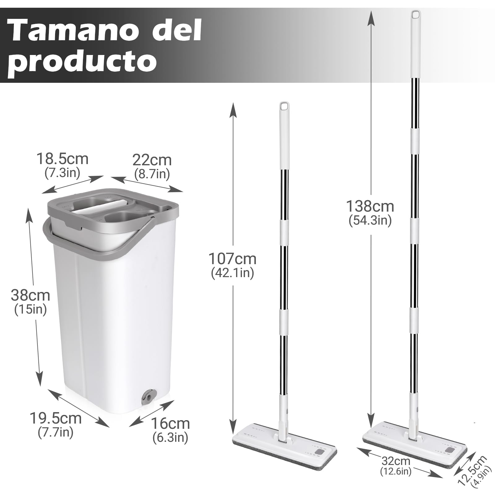 MASTERTOP Mopa Fregona con Cubo Escurridor, Microfibra 360° Fregona Plana y Mango Largo de Acero Inoxidable con 5 Almohadillas Reemplazables - Adecuado para Domésticos y de Oficina (Blanco)