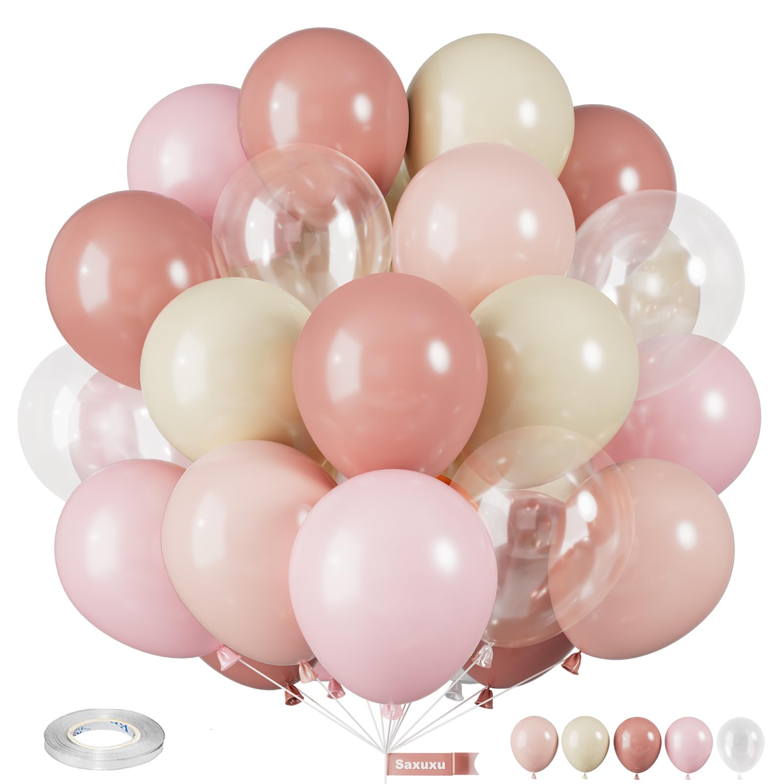 Saxuxu Dusty Pink Balloons, 12 Inch Pastel Pink Balloons, Blush Macaron Orange White Transparent Latex Balloon for Girl Baby Shower Gender Reveal