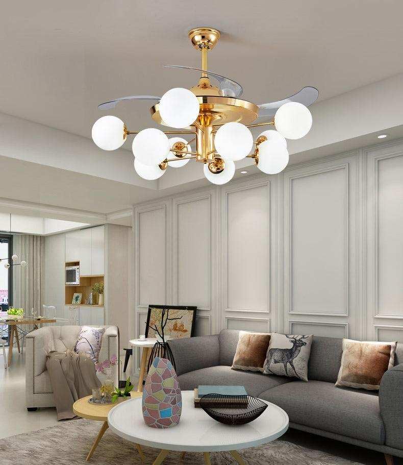 Image of HDC 12-Light Gold Frost Glass Ceiling Fan Chandelier - Modern Retractable Blade Fan with LED 3-Color Settings & Remote Control - Luxury Fan for Living Room, Hall & Bedroom (Bulb not Included)