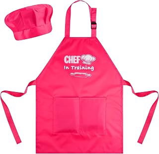 Kinder Schürzen und Kochmützen Set Verstellbare Kinderschürzen mit 2 Großen Taschen für Mädchen und Jungen Ideal zum Kochen Backen und Malen
