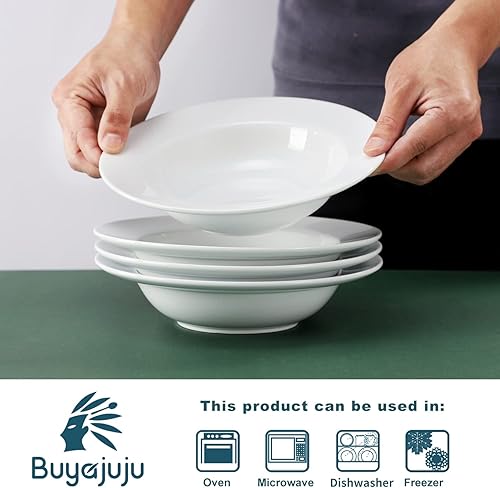 Miniatura 3 de Juego de 4 platos de sopa redondos de porcelana, cuencos para pasta, cuencos clásicos de sopa profunda, cuencos con borde de cerámica, 9.1 pulgadas