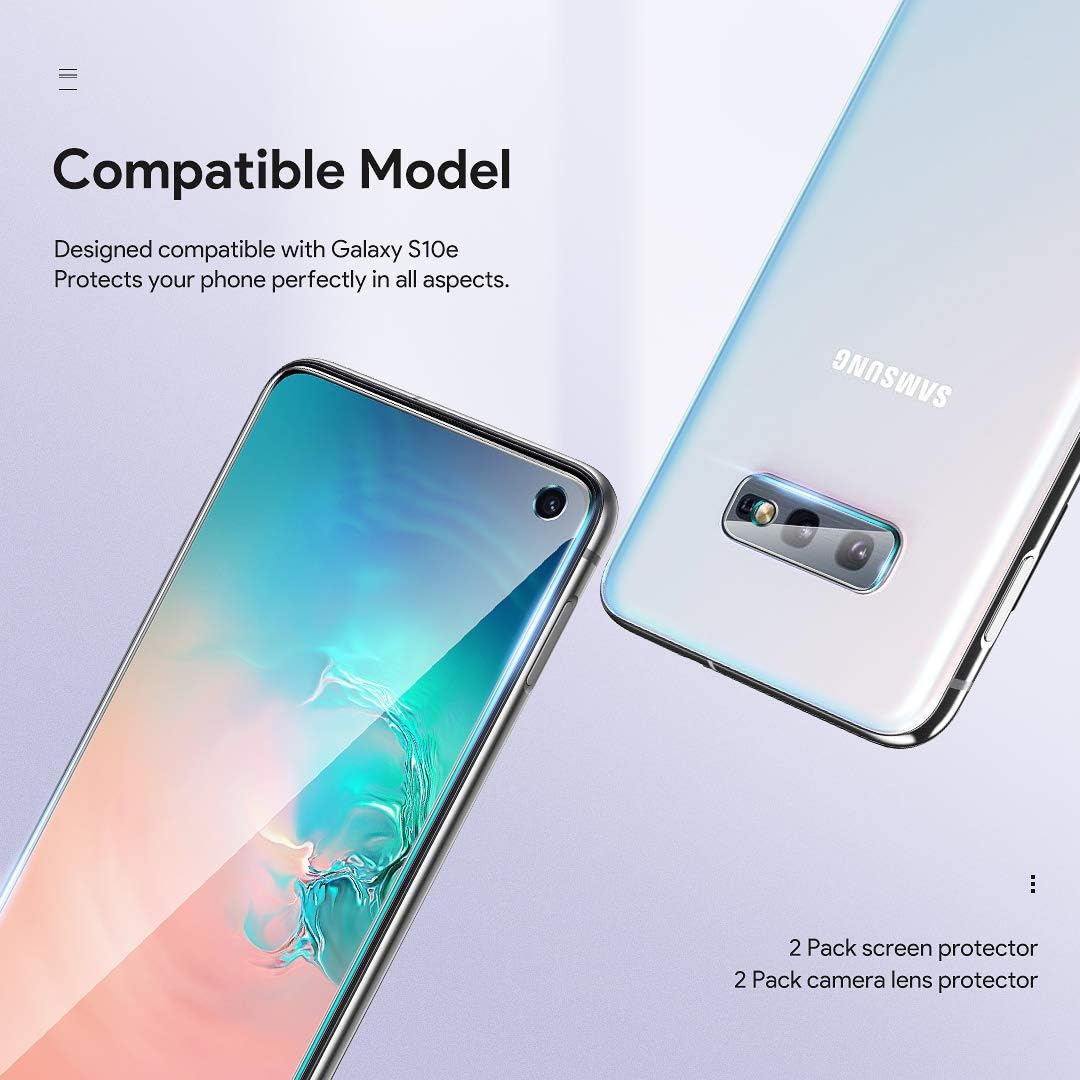 [2+2 Pack] LϟK 2 Pack Tempered Glass Screen Protector & 2 Pack Camera Lens Protector Compatible for Samsung Galaxy S10e, Tempered Glass, New Version, Installation Tray - Gray