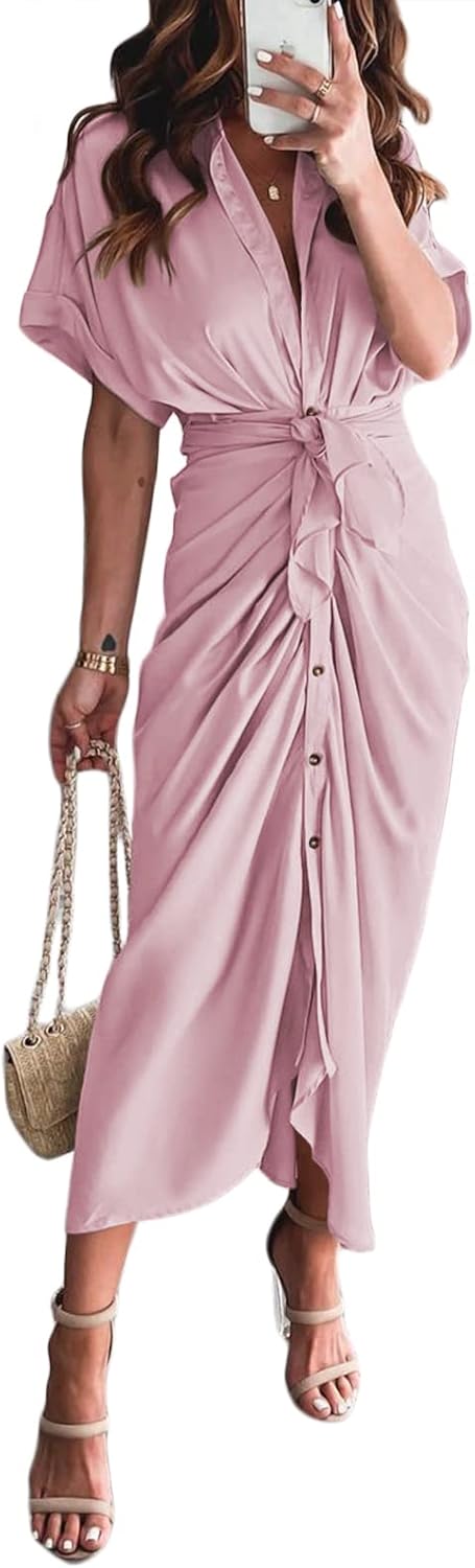 Linsery - Vestido largo camisero de manga corta con botones y cinturón para mujer elegante de satén