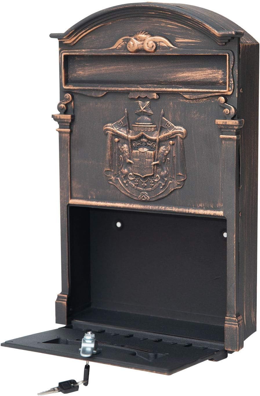 Fine Art Living - Barcelona (ME01R) Locking Cast Aluminum Mailbox for Outside: Vintage Victorian Heavy Duty & Theft Proof Postbox - Wall Mounted, Medium Capacity (L10 x W3.5 x H16), Red Bronze