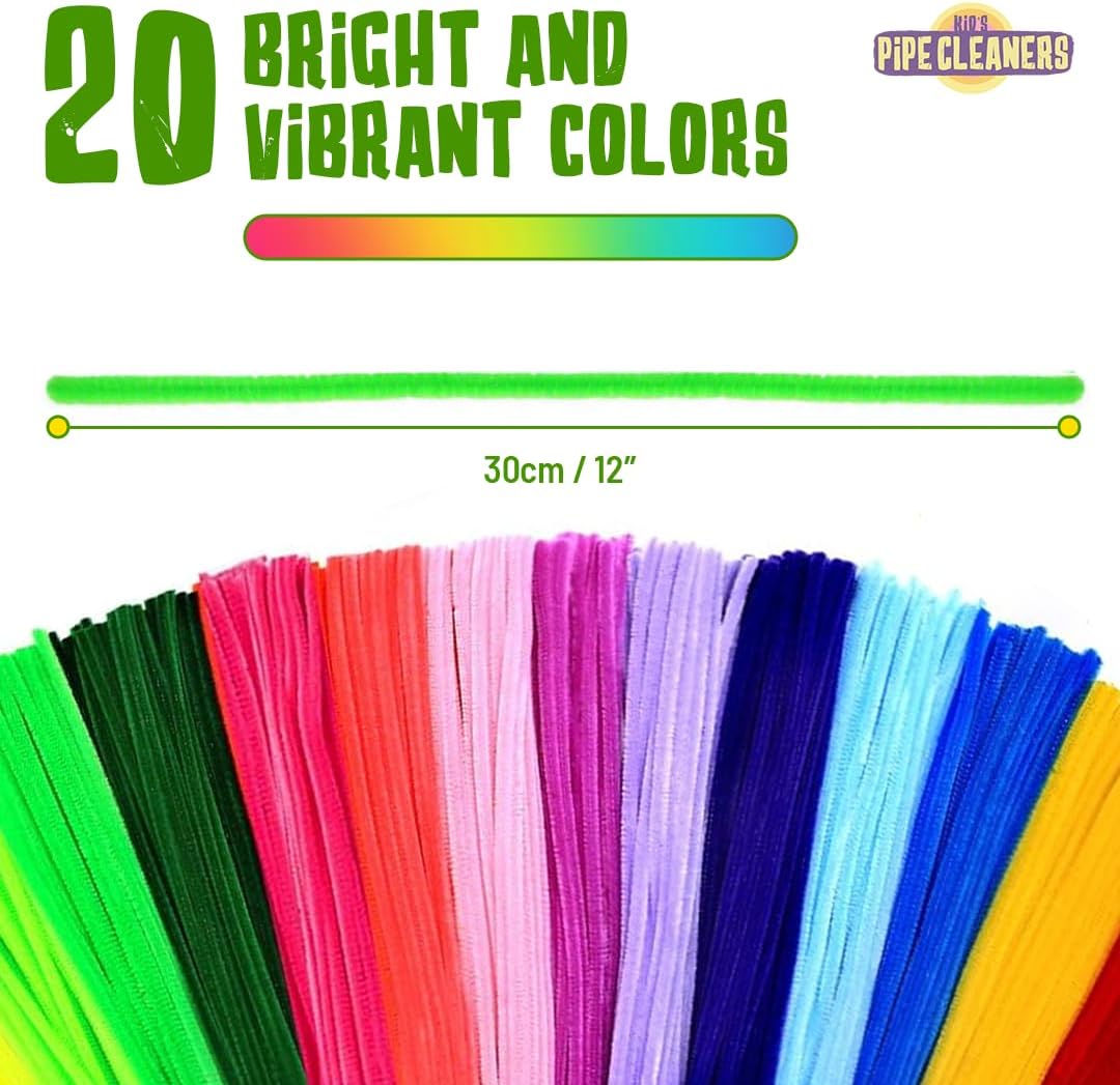 LOVA Pipe Cleaners Craft Bulk 200 Count – 12 Inch Chenille Stems in 20 Assorted Colors, Multicolor Fuzzy Craft Supplies for DIY Arts and Crafts, Flower Stems & Classroom Projects