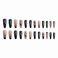 Vista 2 de MISUD Uñas Postizas - Uñas Largas Forma Ataúd con Pegamento en Negro Gótico, Diseño Acrílico Gótico de Rosa 24 piezas