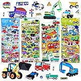 SHANGRLA Puffy Vehicle Stickers for Kids Toddlers - 3D Puff Car Sticker Pack for Boys - Reusable Foam Set with Construction Truck, Excavator, Tractor, Fire Truck, Police Car, Bus-Easy Peel (4 Sheets)