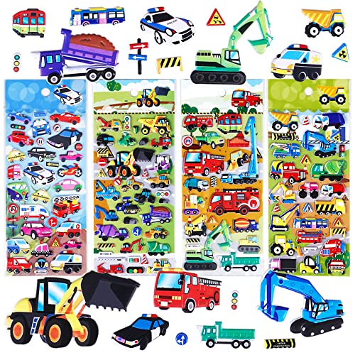 SHANGRLA Puffy Vehicle Stickers for Kids Toddlers - 3D Puff Car Sticker for Boys Reusable Foam Sticker with Construction Truck,Tractor,Fire Truck,Police Car,Bus,Transportation Bulkstickers,4 Sheets.