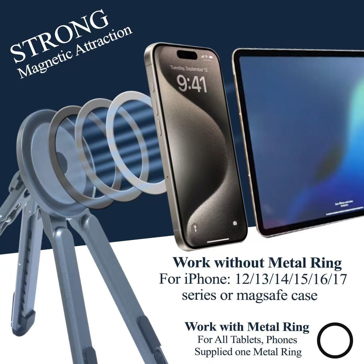 Foldable Desktop Portable Laptop Stand, Adjustable Laptop Riser with Magnetic Phone Holder, Aluminum Alloy Notebook Stand Compatible with 10-16” Laptops and 4-13”Phones/Tablets(Silver Gray)
