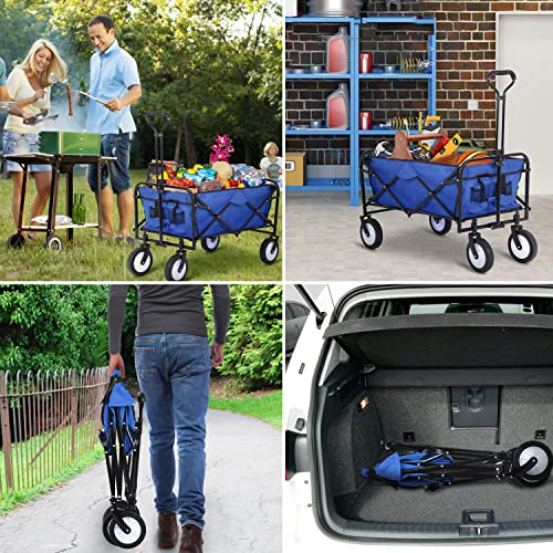 Collapsible Folding Wagon Portable Beach Wagon Utility Shopping Cart Heavy Duty Garden Cart Lounge Wagon Grocery Cart With Adjustable Handle For Grocery, Garden, Beach, Sport, Shop, Camping, Blue #TOP5