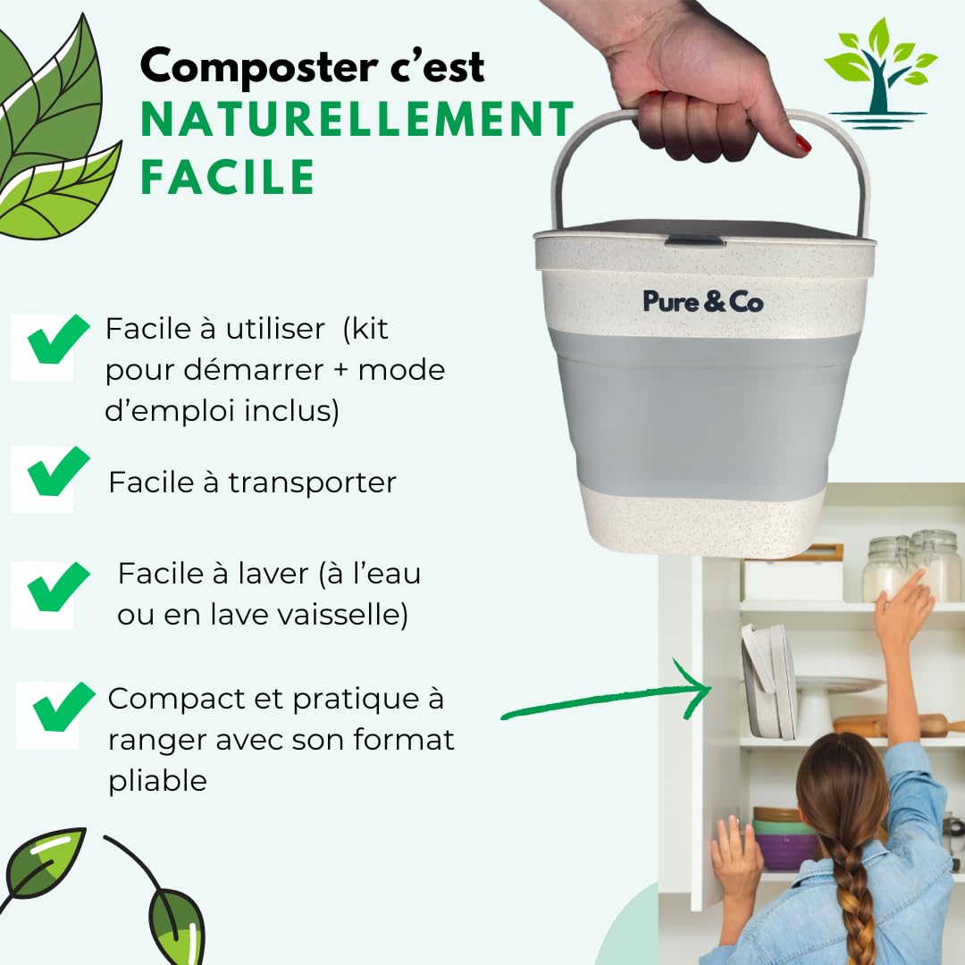 Pure&Co Composteur Cuisine Pliable 4L Poubelle Compost Anti Odeur Bioseau
