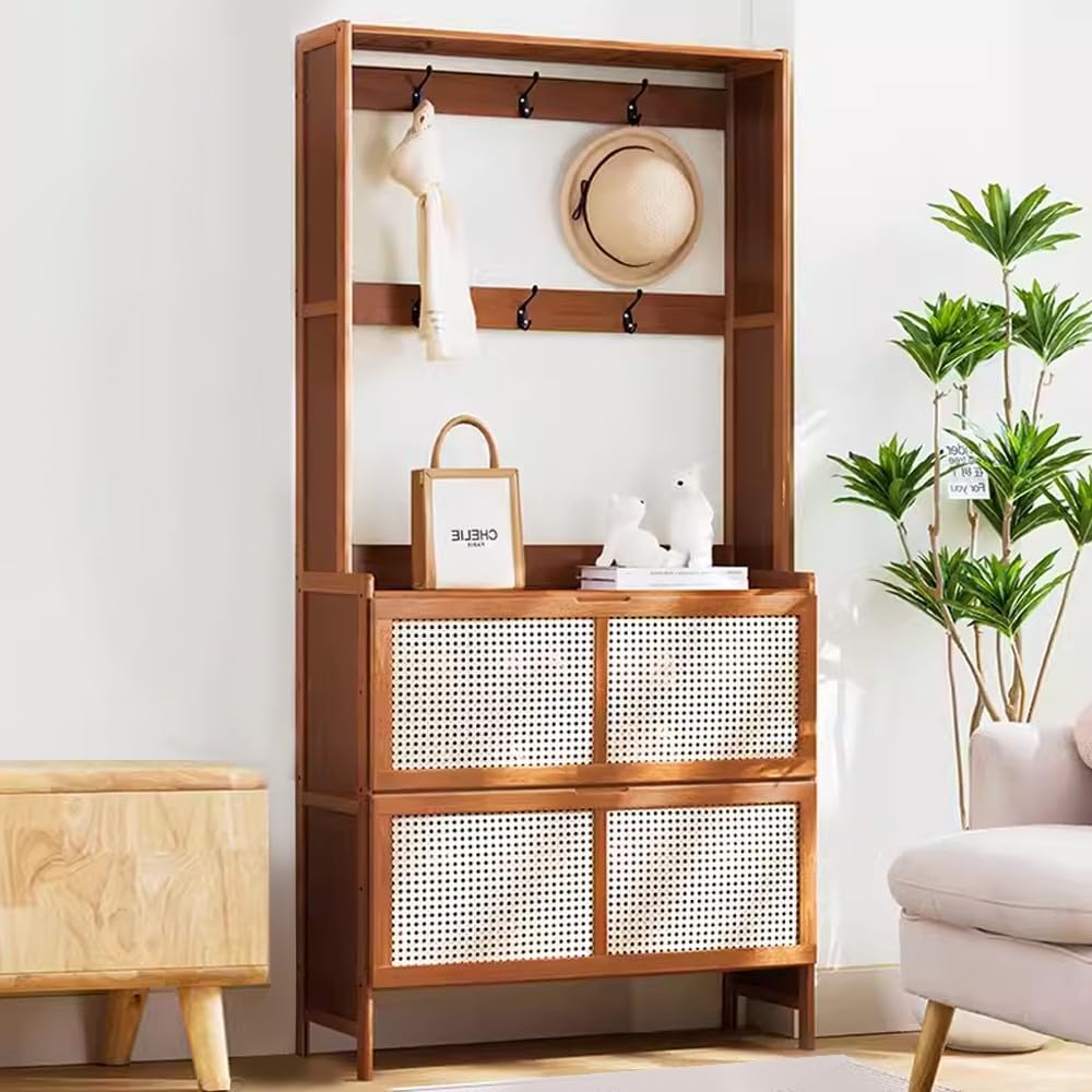 玄関木製シューズキャビネット コートラック付き フリップドア付きシューズ収納キャビネット 竹製ラタンキャビネット 6/8フック付き 