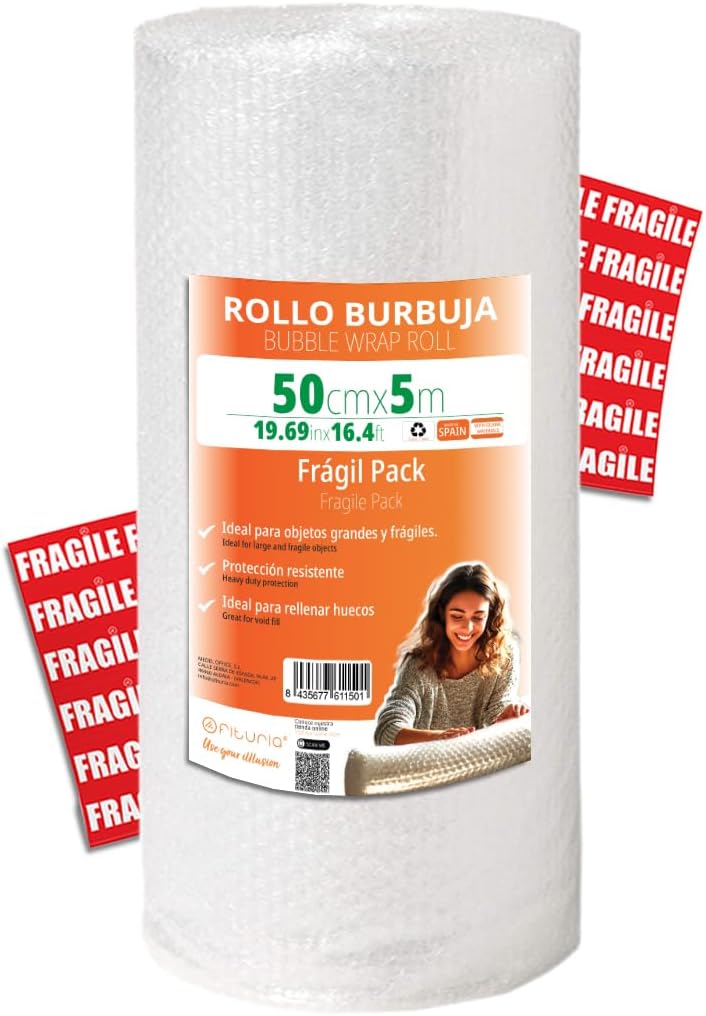 OFITURIA Bubble Wrap Packaging 50 cm x 40 m - Fragil Pack of 12 Fragile Stickers - Ideal for Moving, Packaging, Upholstery Film, Bubble Wrap