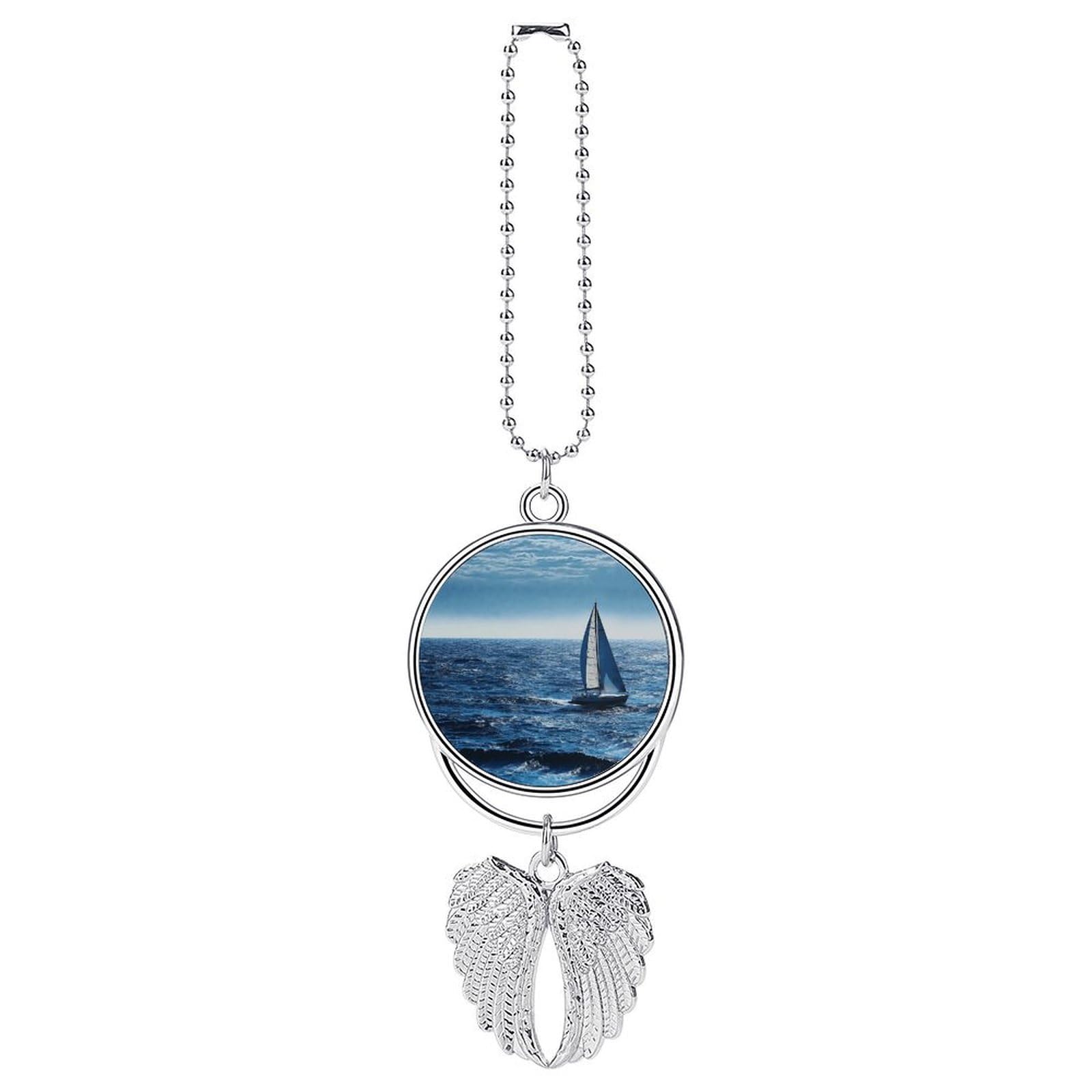 Blue Sea Sailboat Car Pendant Car Rearview Mirror Pendant Custom Photo Car Hanging Ornament Car Rear View Mirror Hanging Accessories Angel Wing Car Charm Gift for Men Women