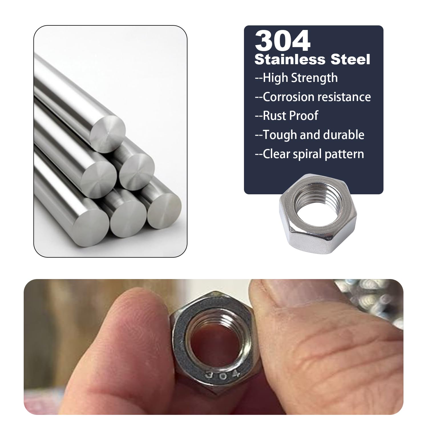 165 Pack SAE Hex Nuts Assortment Kit, 4#40 6#32 8#32 10#24 10#32 12#24 1/4-20 5/16-18 3/8-16 1/2-13 304 (A2-70) Standard Inch Coarse Thread Hardware Nuts