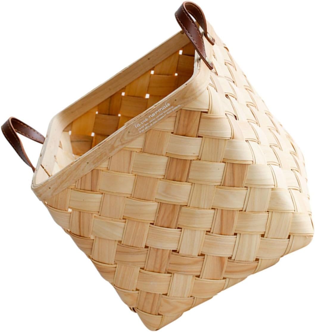 BESPORTBLE Woven Double-layer Wood Chip Basket with Leather Handles Large Storage Basket Laundry Hamper Home Decorative Organizer for Blankets and Clothes