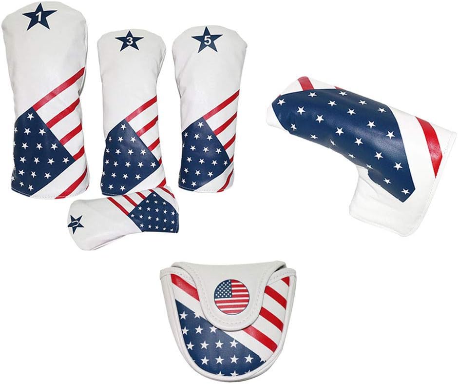Golf Club Head Cover Set- PU Leather s Driver, Mallet, Putter- American Flag Design- Easy Optimal Attachment & Recognition- Golfers Gold Equipment Club Accessories
