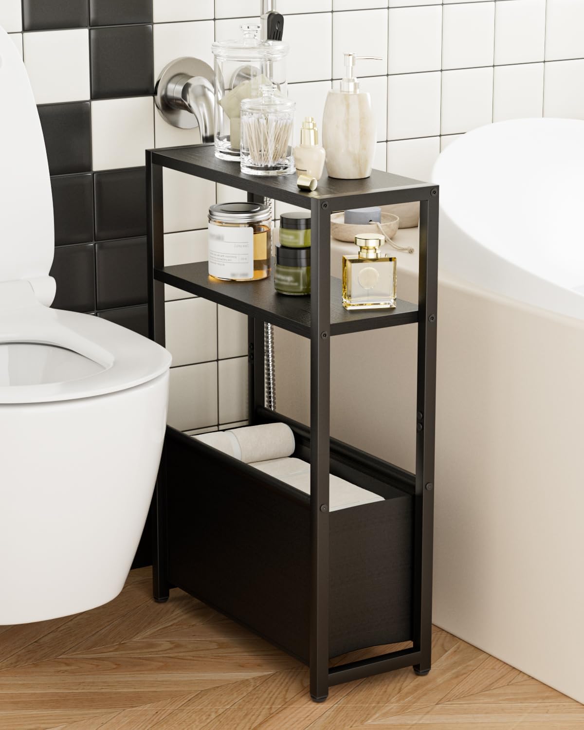 Narrow Side Table End Table, 3-Tier Side Table with Storage Bag, Narrow Nightstand for Small Spaces, Bedside Table for Living Room, Bedroom, Black