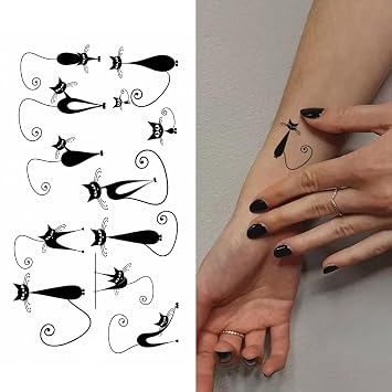 2 Sheets Tiny Small Temporary Tattoos For Women Men Finger Hands Neck Wrist Face, Cute Long Lasting Cartoon Fake Tattoo Stickers For Kids Boys Girls Black Cat Tail Totem