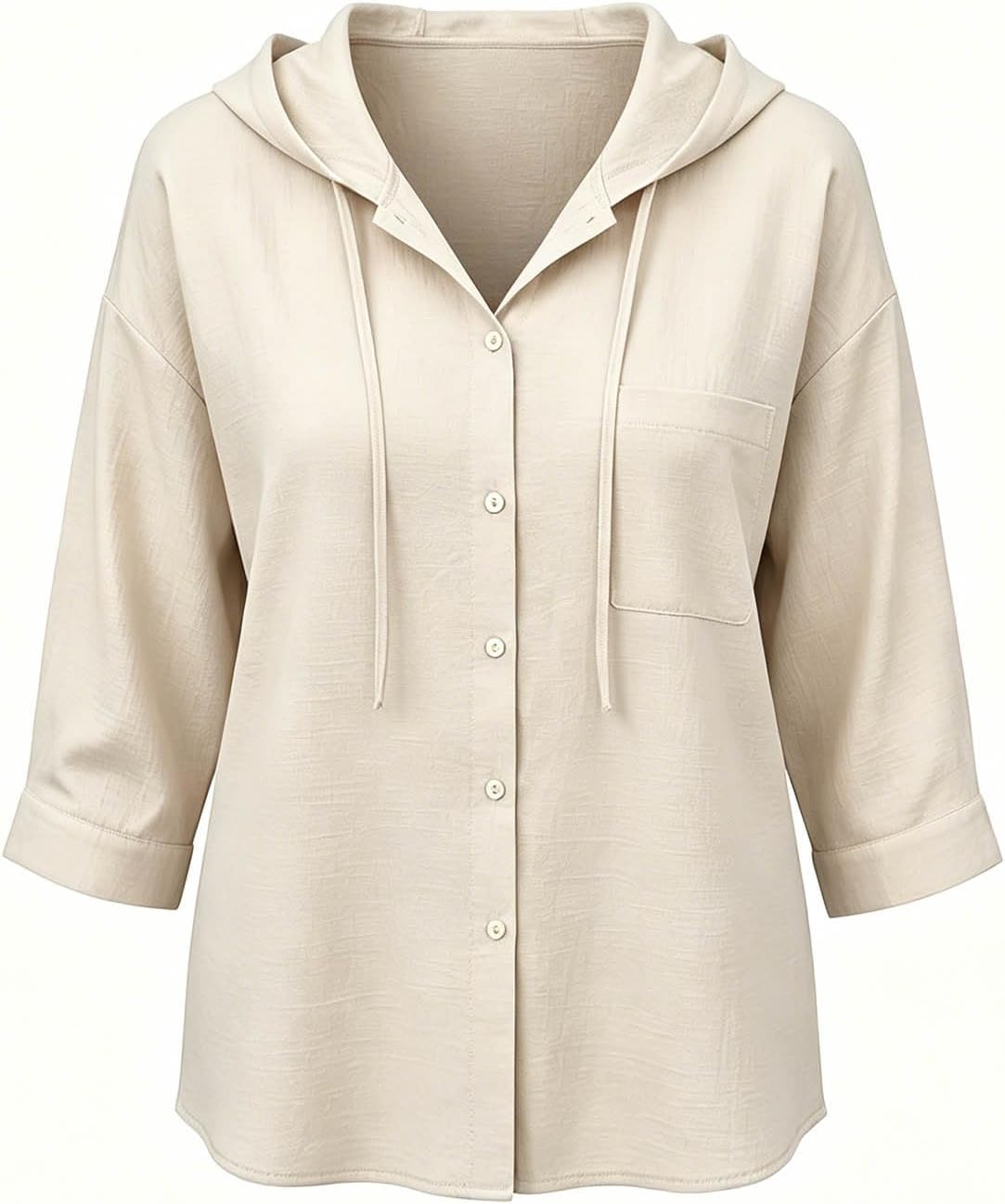 Women’s Hooded Button Down Shirt 3/4 Sleeve Cotton Linen Lightweight Sun Blouse Summer Beach Cover Up Tops Pocket