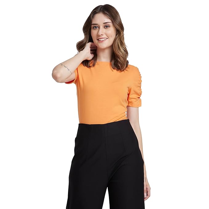 Spykar Women Apricot Crush Blended Slim Fit Half Sleeve Boat Neck Plain Crop Tshirt