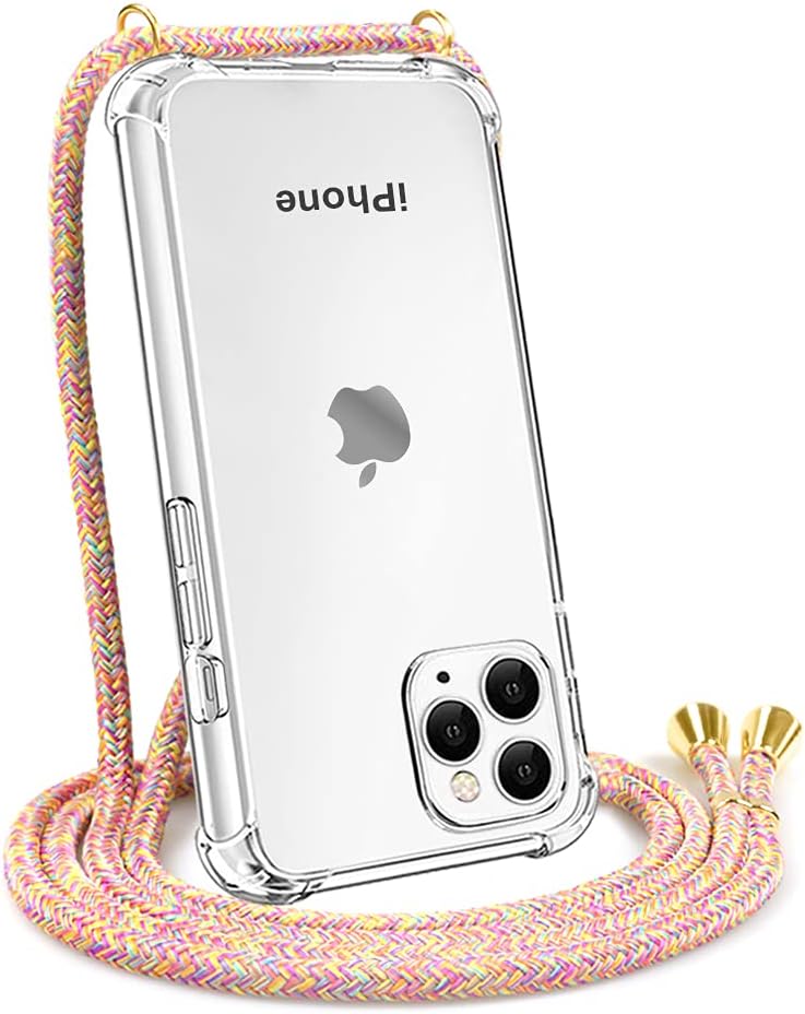 Crossbody Case for Apple iPhone 11 Pro Max,Necklace Mobile Phone Cover with Cord Strap for iPhone 11 Pro Max,Clear Transparent TPU Soft iPhone Cover Holder with Neck Cord Lanyard Strap-Rainbow