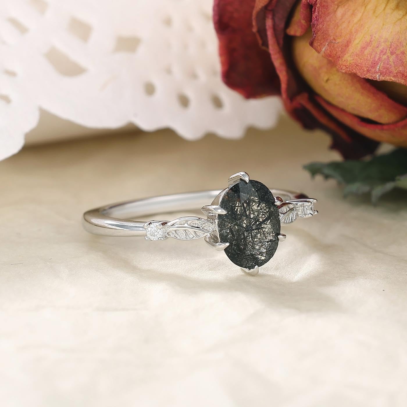 Natural Moss Agate Ring for Women Black Rutilated Quartz 925 Sterling Silver Art Deco/Vintage Gemstone Bridal Wedding Engagement Promise Ring for Her Size 4-9