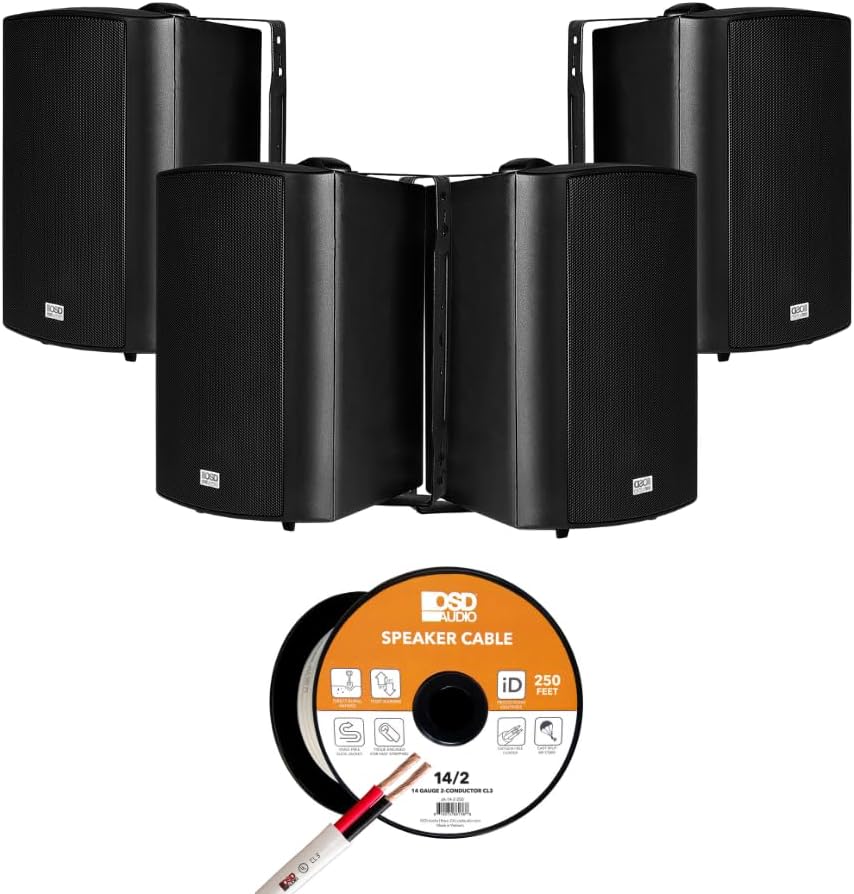 OSD Audio All-Weather Outdoor Speaker Bundle – 4 Black AP640 3-Way 70V/8Ω Patio Speakers with 250 ft UV-Resistant 14-Gauge Wire