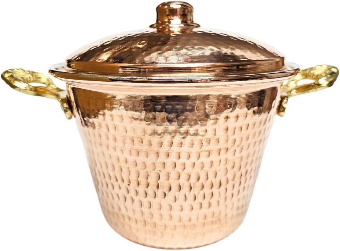 Copper Pilaf Pot with Lid - 5 L Capacity (8-9 Servings) - Double-Sided Copper Construction - Traditional Turkish Rice Cooking Pot - 10.2 inch Diameter