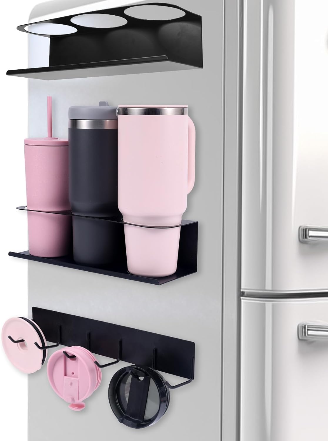 2pcs Magnetic Cup Holder for Fridge, Carbon Steel 6-Slot Strong Water Bottle Organizer Refrigerator Magnetic Tumbler Holder with Lid Rack for Stanley Cup Accessories