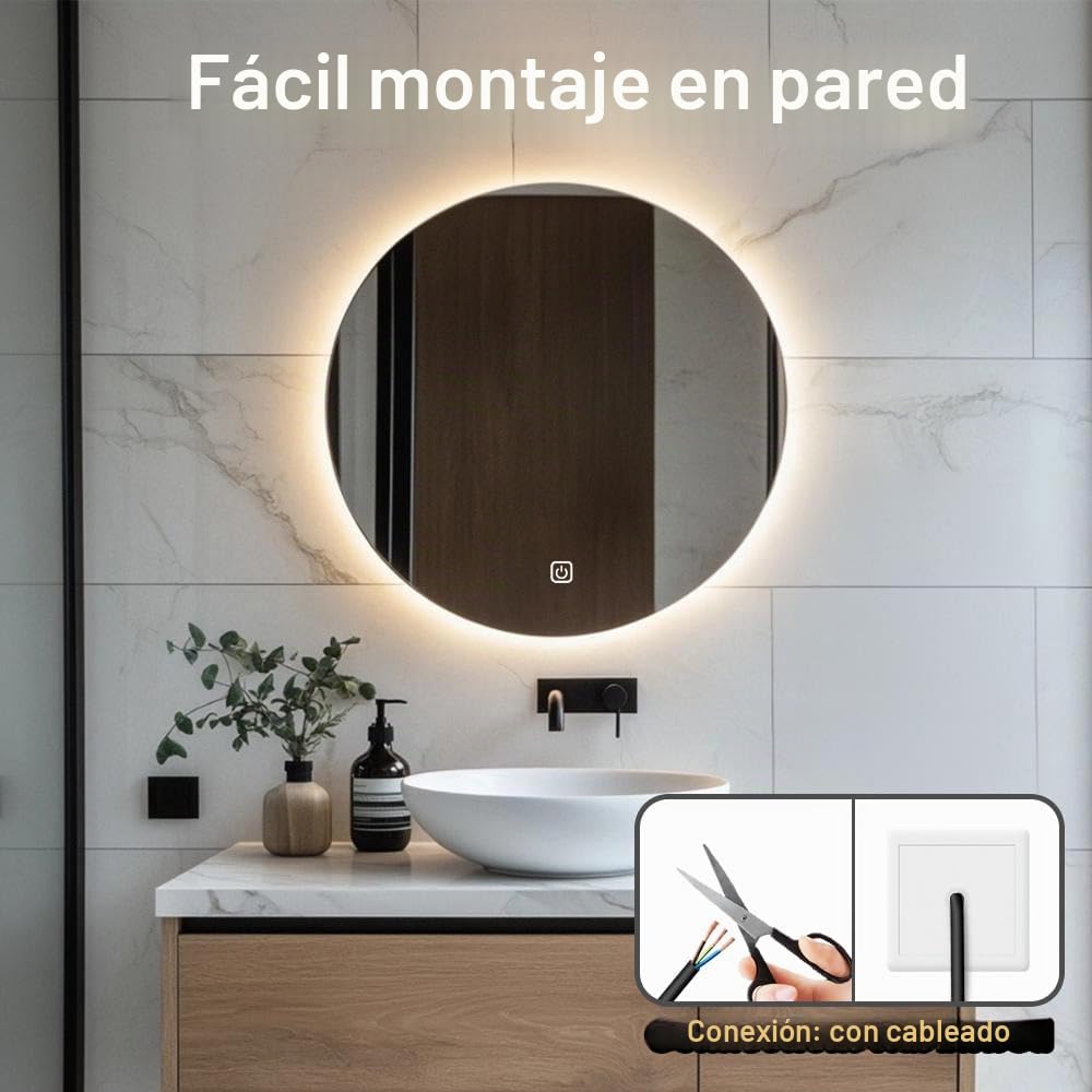Espejo de baño LED para fregadero, espejo eléctrico redondo de 50 cm con luces retroiluminadas para afeitarse la ducha, montaje en pared sin niebla, iluminación regulable de 3 colores, IP54