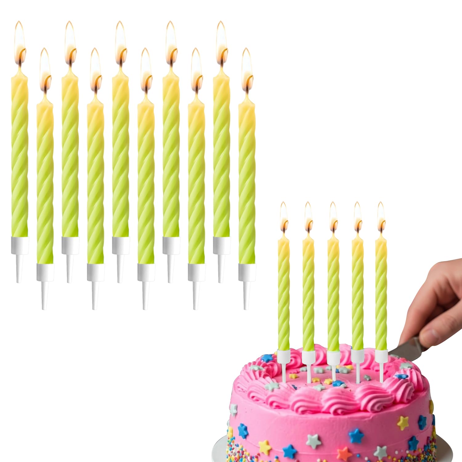 Aex Neon Yellow Pack Of 10 Birthday Candles With Holders | Spiral Cake Candles For Cakes | Non-Toxic Wax Birthday Cake Candle Set | Party Candles For Birthday, Anniversary & Celebration Cakes