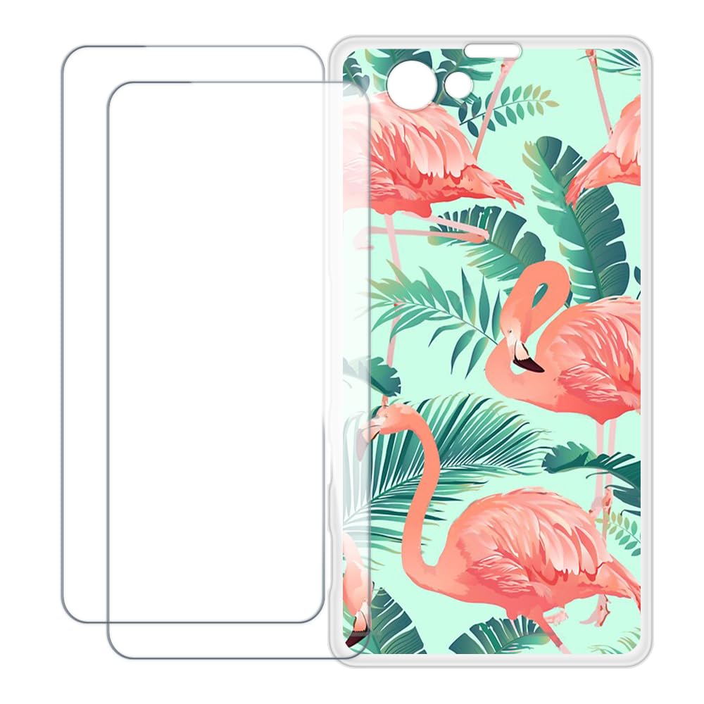 Compatible with Sony Xperia Z1 Compact Case Colorful Custom Cover with 2 Pack Tempered Glass Screen Protectors - Shockproof Scratch-Resistant (Flamingo)