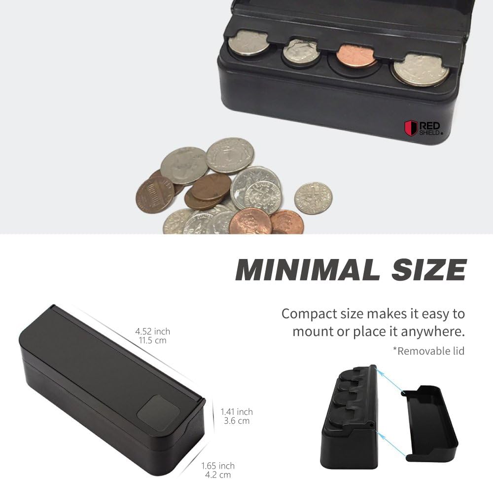 RED SHIELD Coin Holder in Black, Organizer with Removable Lid for Cars/Vehicles, Homes, and Offices. Car Change Organizer Universal Storage Coin Money Dispenser. Easy to Organize Change